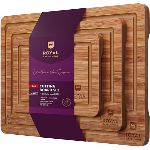 ROYAL CRAFT WOOD Wooden Cutting Boards for Kitchen Meal Prep & Serving - Bamboo Wood Serving Board Set with Deep Juice Groove Side Handles - Charcuterie & Chopping Butcher Block for Meat (3 Pcs)