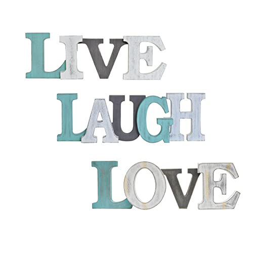 Rustic Live Laugh Love Wall Decor Sign, Decorative Wooden Block Letters Wall Hanging Sign, Cutout Free Standing Teal Word Sign for Table Shelf Decor