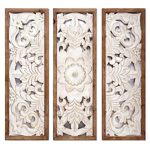 SHOXREM Carved Floral Wooden Wall Decor - Golden wash white wood wall art, Handmade Decorative Wall Panels for Living Room or Entrance, Overall Dimensions 24" W x 24" H