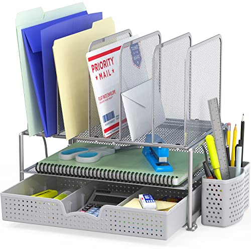 SimpleHouseware Mesh Desk Organizer with Sliding Drawer, Double Tray and 5 Upright Sections, Silver