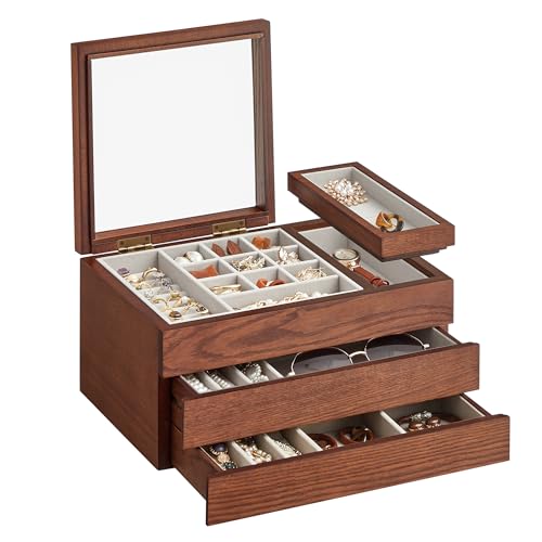 SONGMICS Wooden Jewelry Box with Clear Lid, 3-Layer Jewelry Storage Organizer, 2 Drawers, Small Removable Tray, Solid Wood Veneer, Velvet Lining, Floating Effect, Gift Idea, Coffee Brown UJOW016K01