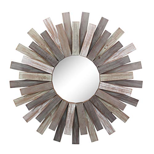 Stonebriar Large Round 32" Wooden Sunburst Wall Mirror with Attached Hanging Bracket, Decorative Rustic Decor for the Living Room, Bathroom, Bedroom, and Entryway, Multi Color