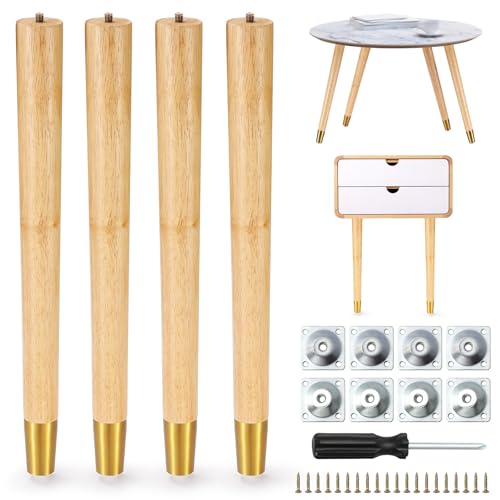 Table Legs 16 inch Wood Furniture Legs with Metal Edge for Coffee End Table Desk Chair Bed Cabinet Mid Century Modern Style Set of 4,2 Sets Installation Hardware for Both Installations