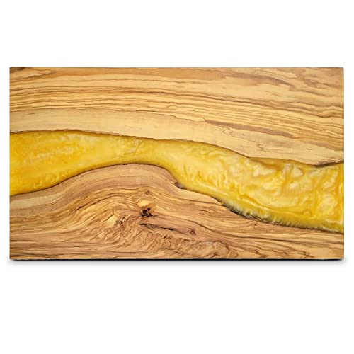 The Live Edge - Olive Wood Charcuterie Boards With Unique Yellow Resin Artwork | Meat and Cheese Tray Serving Platter | Epoxy Wooden Cutting Board for Meat, Vegetable & Fruit