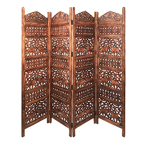The Urban Port Traditionally Wooden Carved 4-Panel Room Divider Screen with Intricate Cutout Details
