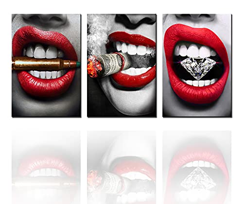 Tucocoo 3 Piece Canvas Wall Art Sexy Red Lips With Diamond Pictures Lips with Bullet Paintings Contemporary Kreative Artwork Home Decor for Living Room Wooden Framed Ready to Hang(60x28 Inch)