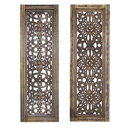 TUP The Urban Port Floral Hand Carved Wooden Wall Panels, Assortment of Two, Rustic Brown