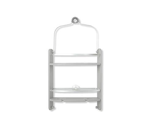 Umbra Aquala Shower Caddy Large, Self-Draining, Integrated Razor Holders, Hooks-Bamboo and Metal, Rust Proof Rails with Two-Tier Storage Shelves and Suction Cup, Grey