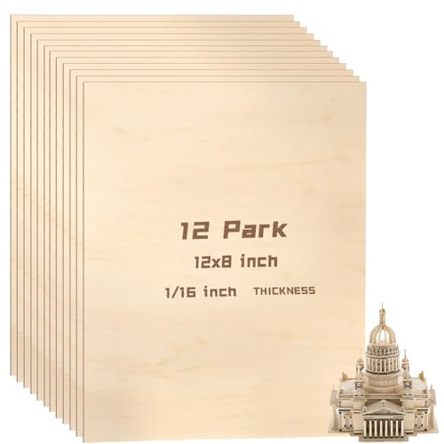 Unfinished Wood Pieces, 12 Pcs Basswood Sheets 1/16 in Plywood Sheets for Crafts,Perfect for DIY Projects Painting Drawing Laser Wood Engraving Wood Burning and CNC Cutting（12in*8in*1/16in）