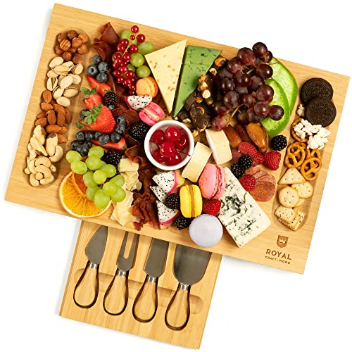 Unique Bamboo Charcuterie Board, Cheese Platter & Serving Tray Including 4 Stainless Steel Knife & Thick Wooden Server - Fancy House Warming Gift & Perfect Choice for Gourmets