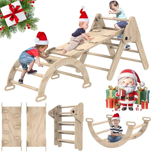 UROSULO Toddler Climbing Toys Indoor, Foldable Climbing Toys for Toddlers, Montessori Climbing Set with Triangle Climber, Arch Ramp, Rock Climber, Slide, Rocker, Wooden Montessori Toys for Toddlers
