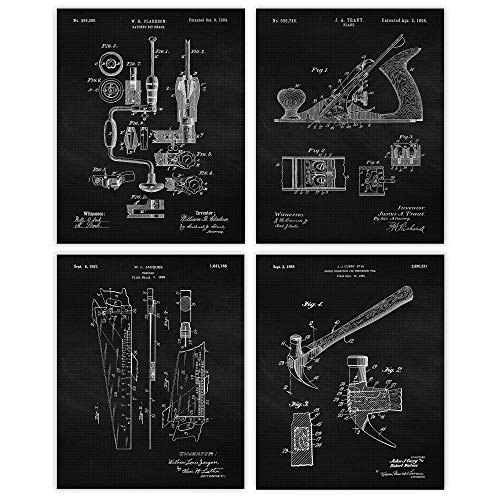 Vintage Woodworking Carpenter Tools Patent Prints, 4 (8x10) Unframed Photos, Wall Art Decor Gifts Under 20 for Home Office Garage Workshop School College Student Teacher Builder Handmade Construction