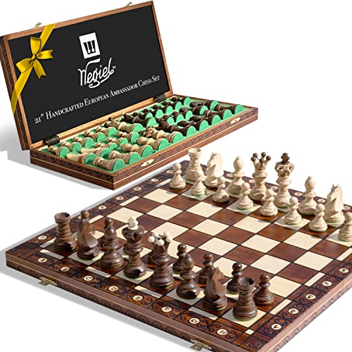 Wegiel Handmade European Ambassador Chess Set - Wooden 21 Inch Beech & Birch Board with Felt Base - Carved Hornbeam & Sycamore Wood Chess Pieces