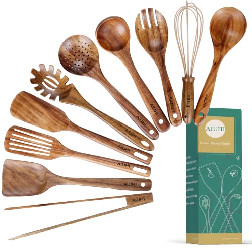 Wooden Kitchen Utensils Nonstick Kitchen Utensils Natural Teak Wood Utensils for Kitchen Kitchen Utensils Wooden Kitchen Utensils with Spatula and Ladle (10)