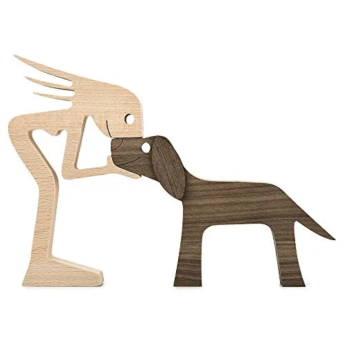 Wooden Sculptures Handmade Accents Craft Figurine for Home Decor Accents, Woman and Dog Wooden Statue, Animal Sculptures Collection, Gift for Men Women Natural ECO Friendly Large Size 10x6x0.8 inches
