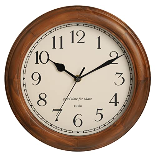 Wooden Wall Clock with Retro Design, 11 Inches Round Wall Clock Battery Operated Silent Non-Ticking, Big Arabic Numerals, for Kitchen Living Room Classroom Gym and Pool, Brown