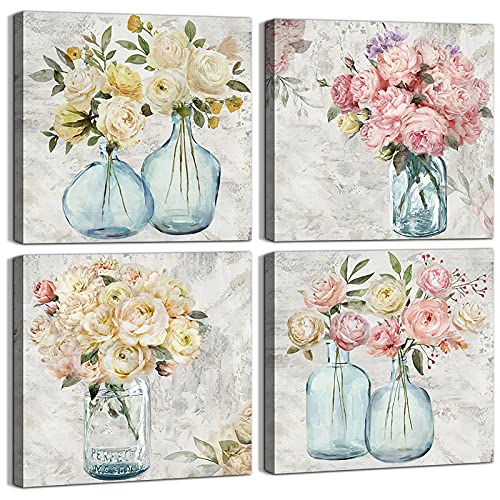 WZSart Flower Painting Wall Art Bedroom Watercolor Mason Jar Floral Retro Abstract Pictures 4 Panel Canvas Wall Decor Printed Art Framed for Home Decor Kitchen Bathroom Decorations Ready to Hang
