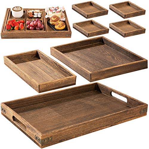 Yangbaga Rustic Wooden Serving Trays with Handle - Set of 7 Rectangular Platters for Entertaining, Breakfast, Coffee Table, Home Decor
