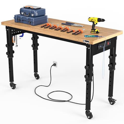 YITAHOME Work Bench 48" L X 20" W Adjustable Workbench for Garage W/Pegboard & Power Outlets Heavy-Duty Workstation, 1600 LBS Load Capacity with Wheels for Workshop, Office, Home Outdoor