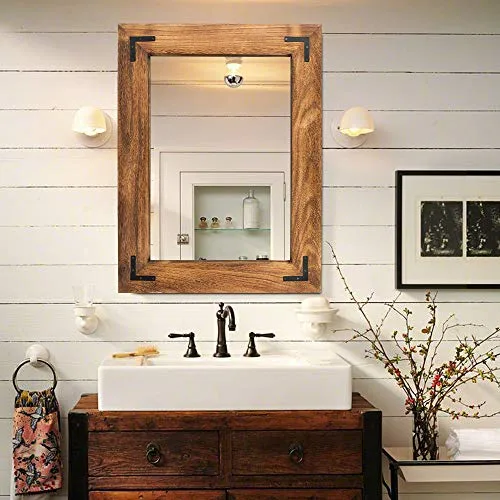 YOSHOOT Rustic Wooden Framed Wall Mirror, Natural Wood Bathroom Vanity Mirror for Farmhouse Decor, Vertical or Horizontal Hanging, 32" x 24", Brown