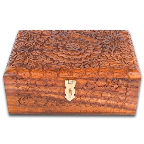 ZEDANU Handmade Wooden Jewelry Box Organizer Wooden Trinket Keepsake Jewellery Storage Box Vintage Box Multipurpose Organizer Chest Great Gift For Your Loved Ones (10" x 7")